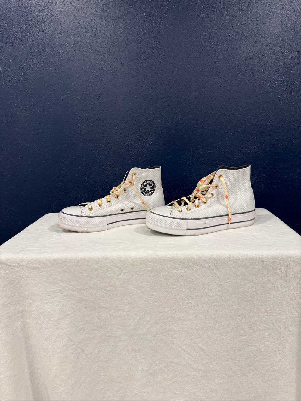 Converse White High Top Sneakers with Patterned Laces